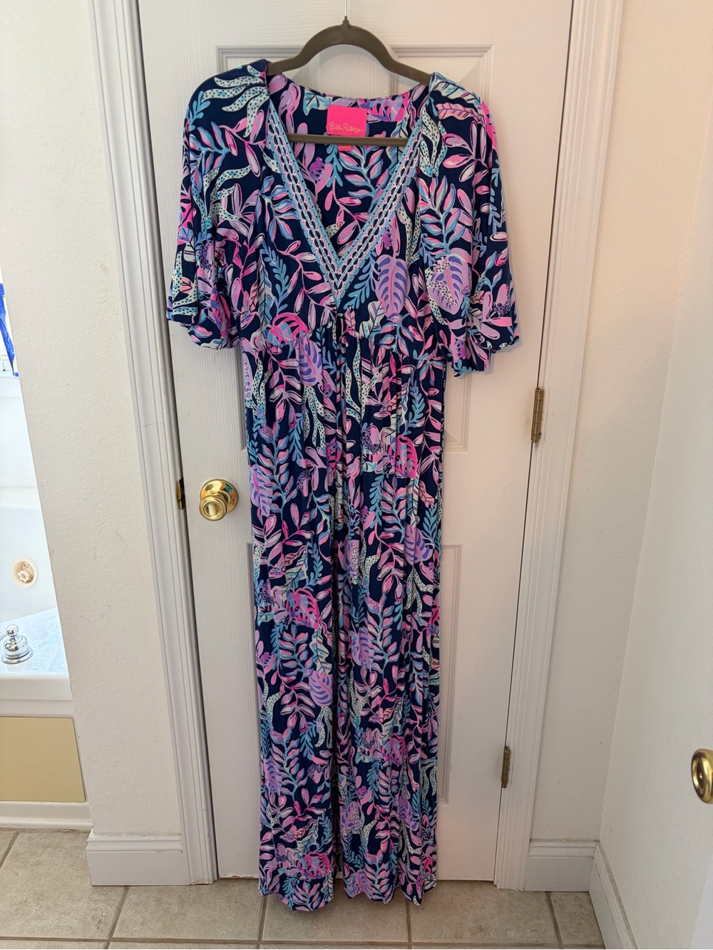 Lilly Pulitzer Navy Manuela Maxi Dress with Pink and Light Blue Leaf Print